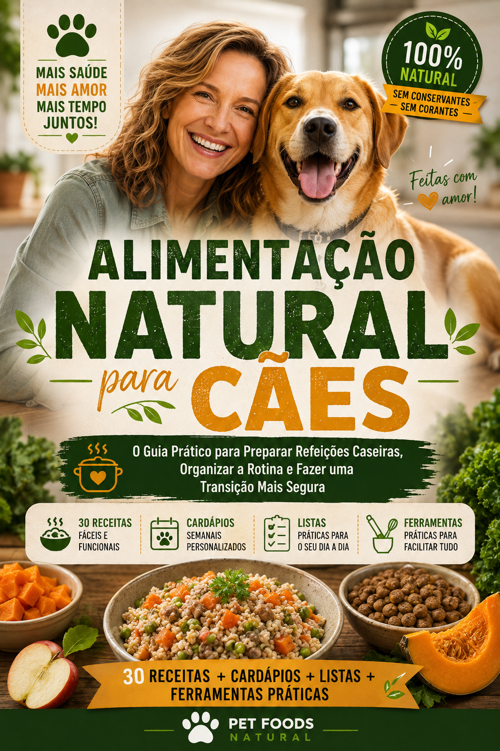 Capa do E-book Alimentação Natural para Cães — guia prático de refeições caseiras, cardápios e transição segura